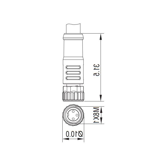 M8 3Pin, straight female, LED light, single end pre-cast PVC non-flexible cable, grey sheathing, 63S043-XXX