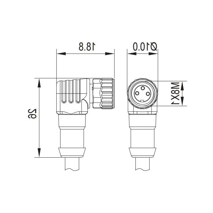 M8 3-PIN, female 90°, single-end precast PUR flexible cable, black sheathed, 63S061-XXX