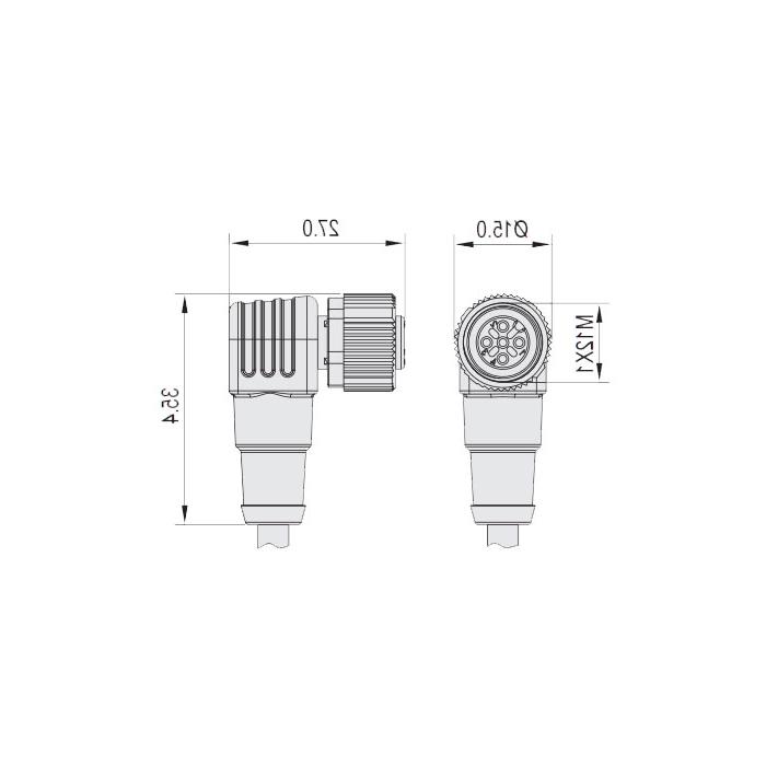 M12 4Pin, female head 90°, single-end precast cable, welding slag resistant PUR material, orange sheath, 64T063-XXX